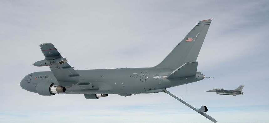 The KC-46A Pegasus deploys the centerline boom for the first time on Oct. 9, 2015.