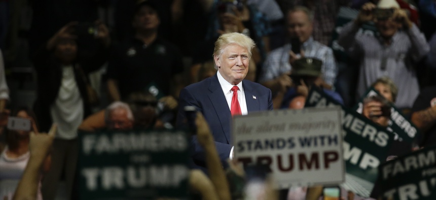 Republican presidential candidate Donald Trump speaks during a rally, Friday, May 27, 2016 in Fresno, Calif.