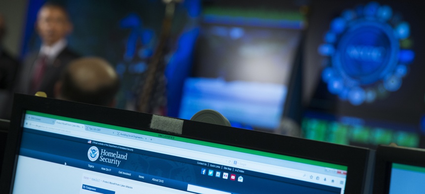 A view of a computer screen is seen as President Barack Obama speaks at the National Cybersecurity and Communications Integration Center in Arlington, Va., Tuesday, Jan. 13, 2015.