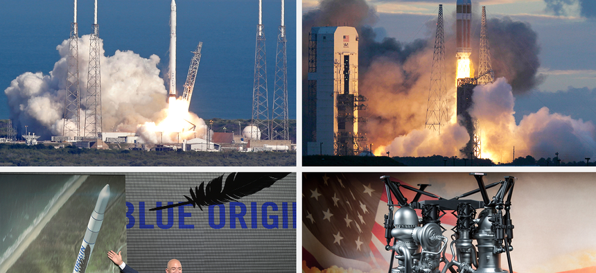 Clockwise from top left, SpaceX Falcon 9 rocket; a Delta IV rocket; scale model of Aerojet Rocketdyne's AR1 engine; and the Blue Origin rocket from Jeff Bezos.