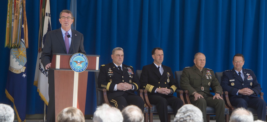 Secretary of Defense Ash Carter announces new 'Force of the Future' initiatives in the pentagon courtyard, June 9, 2016.