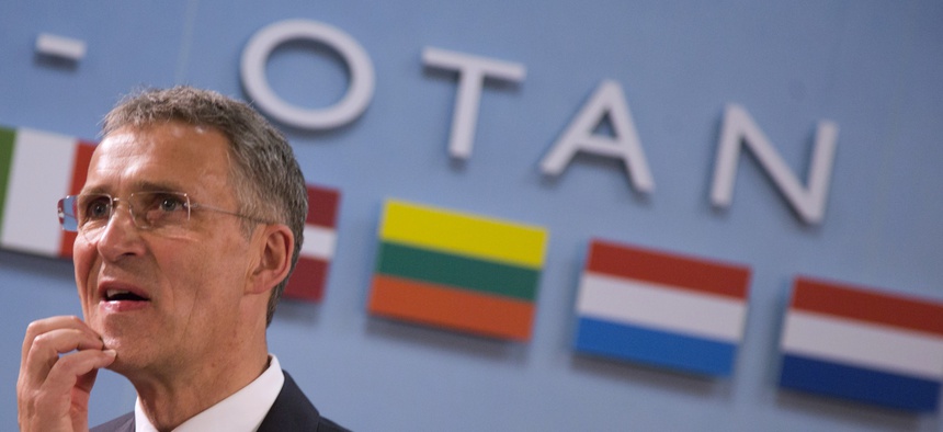 NATO Secretary General Jens Stoltenberg waits for the start of a meeting of the North Atlantic Council at NATO headquarters in Brussels on Thursday, May 19, 2016.