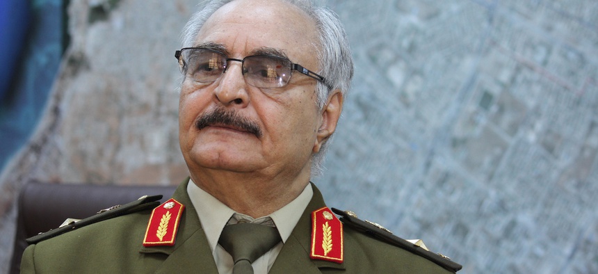 Gen. Khalifa Hifter, Libya’s top army chief, speaks during an interview with the Associated Press in al-Marj, Libya, March 18, 2015.