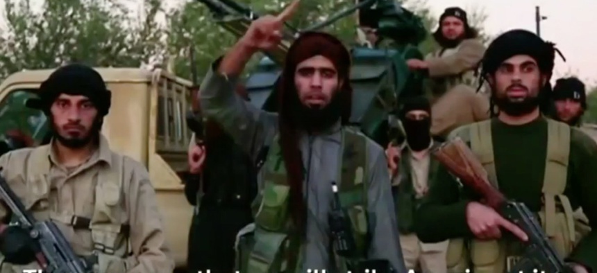 Islamic State fighters appear in a November 2015 video.