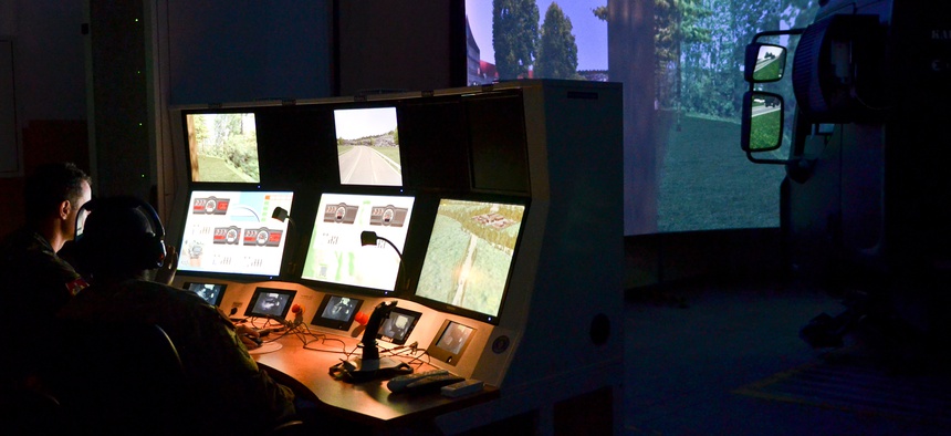U.S. Army soldiers train on the Czech army’s Infantry Fighting Vehicle simulators, in Vyskov Military Academy, Czech Republic, May 29, 2016.