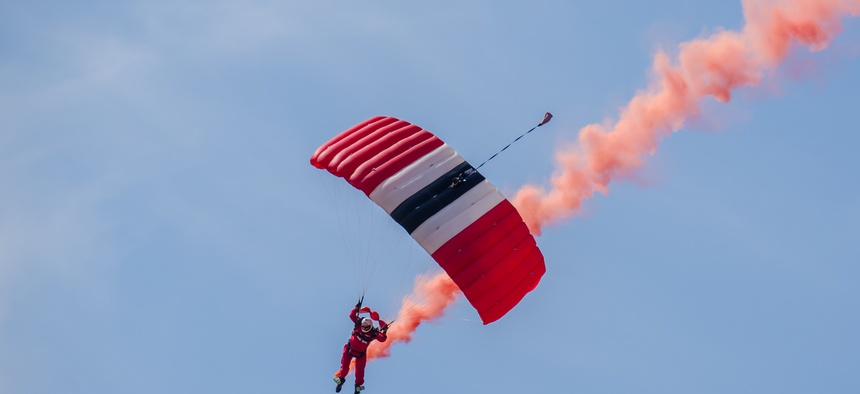 If the British bail on the European Union, defense industry could be in for a rough ride. Here, a member of the RAF Red Devils comes in for a landing.