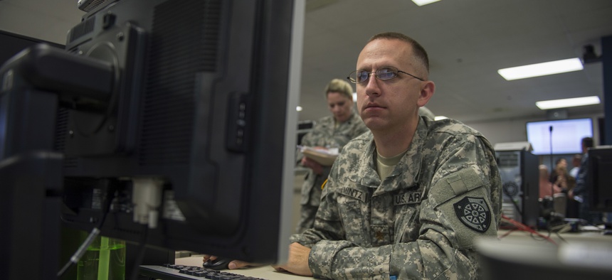 SUFFOLK, Va. (June 16,2016) Participants at Cyber Guard 2016 works through a training scenario during the nine-day exercise Suffolk, Va., June 16, 2016.
