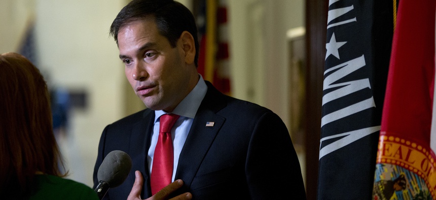 Sen. Marco Rubio, R-Fla., speaks to media outside his office on Capitol Hill in Washington, Wednesday, June 22, 2016