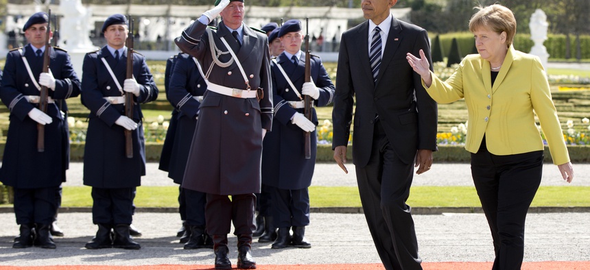 US President Barack Obama and German Chancellor Angela Merkel, pictured here April 24, 2016 in Hannover, will meet again this week with NATO member heads of state, in Warsaw, Poland.