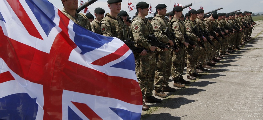 U.S and British forces train Georgians to participate in the NATO Response Force, at the Vaziani military base outside Tbilisi, Georgia, Wed., May 11, 2016.