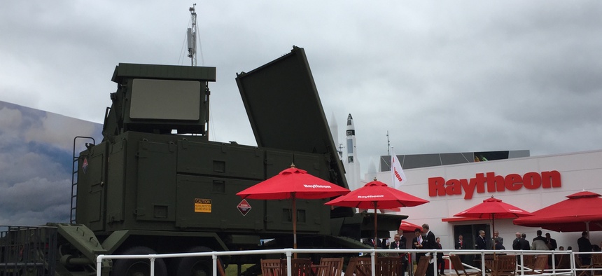 A mockup of a new Patriot anti-missile radar on display at the Raytheon chalet at the 2016 Farnborough Air Show.