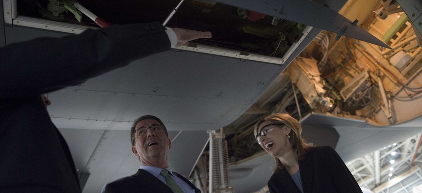 Boeing Defense CEO Leanne Caret gives Defense Secretary Ash Carter a tour of a Boeing KC-46 at at the Boeing facilities in Seattle on March 3, 2016.