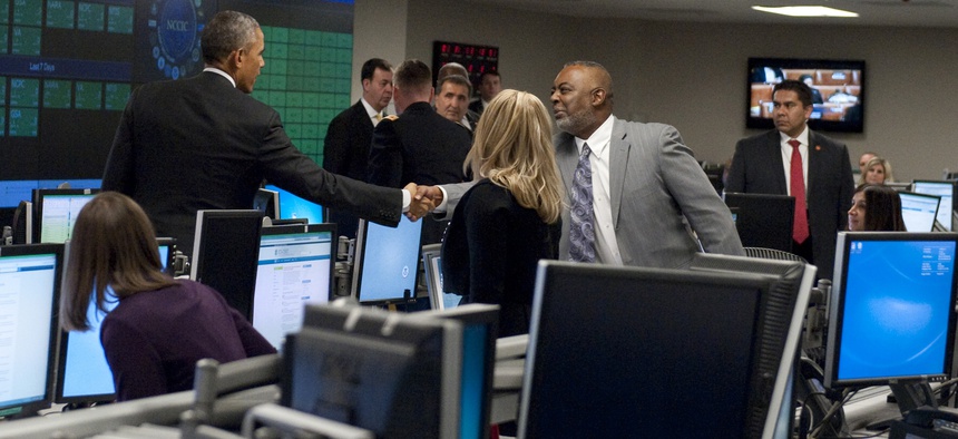 Secretary of Homeland Security Jeh Johnson hosts President Obama at the National Cybersecurity and Communications Integration Center, Jan. 13, 2015.
