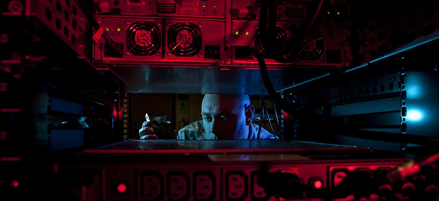 A U.S. Air Force network administrator at Altus Air Force Base, Okla., Jan. 24, 2014.