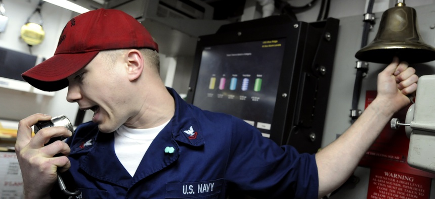 A U.S. sailor stands a watch in damage control central during a fire drill aboard USS Blue Ridge (LCC 19) March 11, 2010.