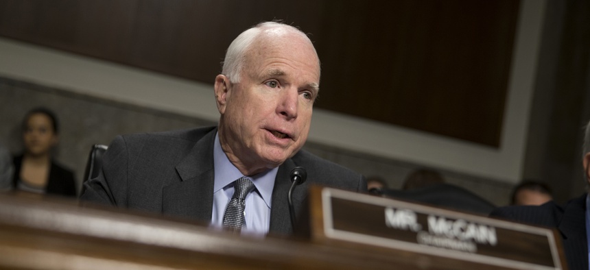In this Feb. 9, 2016 file photo, Senate Armed Services Committee Chairman Sen. John McCain, R-Ariz., speaks on Capitol Hill in Washington.