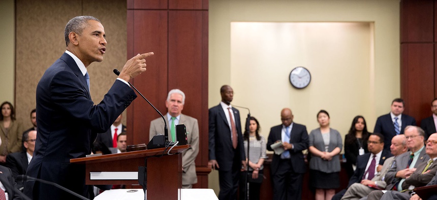President Barack Obama the House Democratic Caucus at the U.S. Capitol, June 12, 2015.