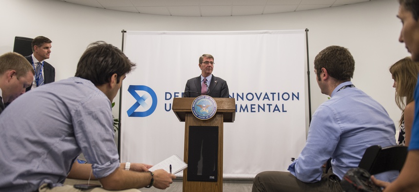 Secretary of Defense Ash Carter holds a press conference at the new Defense Innovation Unit Experiment office in Boston, Mass., July 26, 2016.