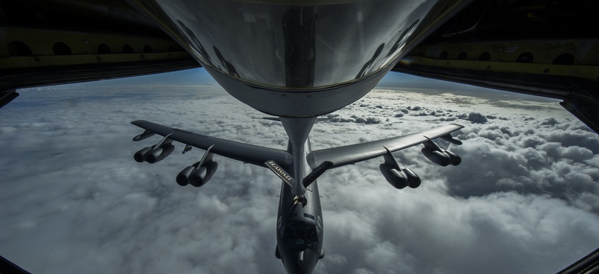 A B-52 Stratofortress is refueled in flight on April 2, 2014 over the Pacific Ocean near Joint Base Pearl Harbor-Hickam, Hawaii.
