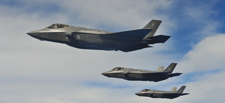 F-35A Lightning IIs perform an aerial refueling mission with a KC-135 Stratotanker May 13, 2013, off the coast of northwest Florida.