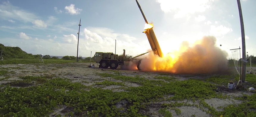 A Terminal High Altitude Area Defense (THAAD) interceptor is launched from a THAAD battery located on Wake Island, during Flight Test Operational (FTO)-02 Event 2a, conducted Nov. 1, 2015.