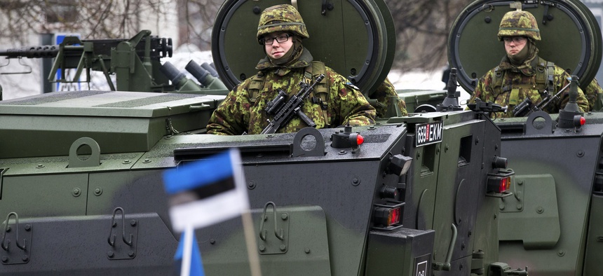 Estonian troops parade in Narva, Estonia, on Feb. 24, 2015.