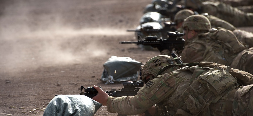 U.S. Soldiers assigned to East African Response Force, Combined Joint Task Force-Horn of Africa (CJTF-HOA), fire M4 carbines during a live-fire exercise in Djibouti, March 2, 2016.