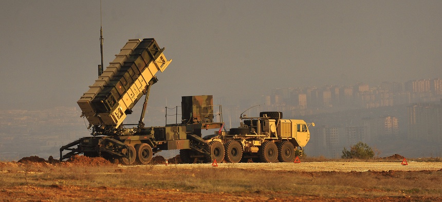 A Patriot missile battery sits on an overlook at a Turkish army base in Gaziantep, Turkey, Feb. 4, 2013.