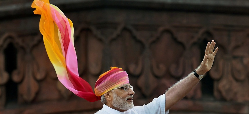 Indian Prime Minister Narendra Modi waves at the crowd after his address during the Independence Day function at the Red Fort monument in New Delhi, India, Monday, Aug. 15, 2016.