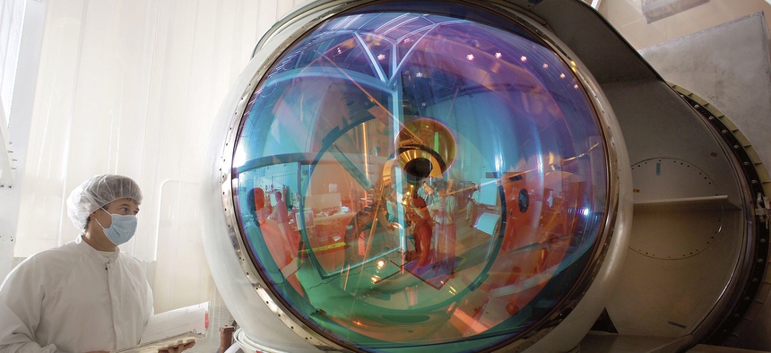 Close up of the Lockheed Martin Airborne Laser turret in a clean room.