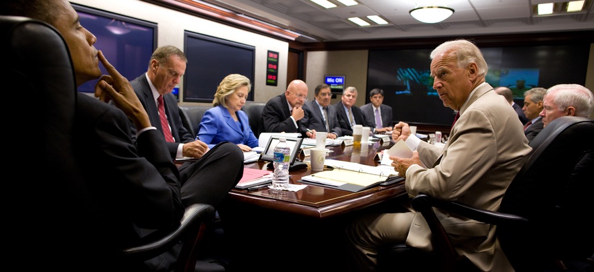 President Barack Obama and Vice President Joe Biden meet with the national security team on Iraq in the Situation Room of the White House, Aug. 11, 2010.