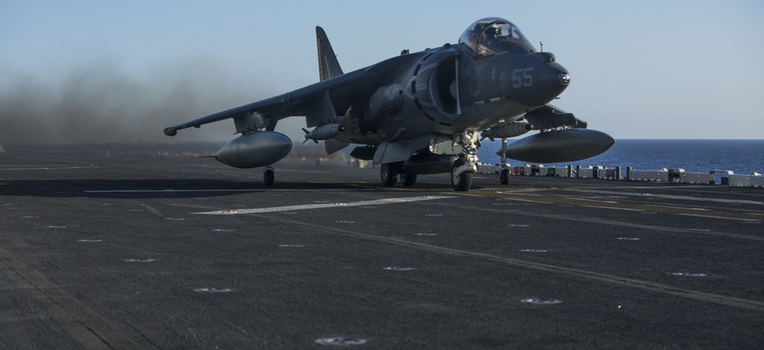 An AV-8B Harrier II with 22nd Marine Expeditionary Unit (MEU), launches from the flight deck of the amphibious assault ship USS Wasp (LHD 1) Aug. 1, 2016.