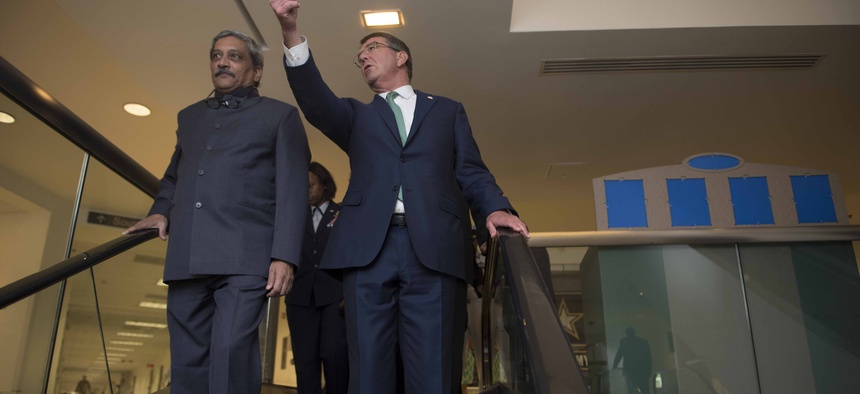 Secretary of Defense Ash Carter gives Indian Minister of Defence Manohar Parrikar a tour of the Pentagon, Aug. 29.