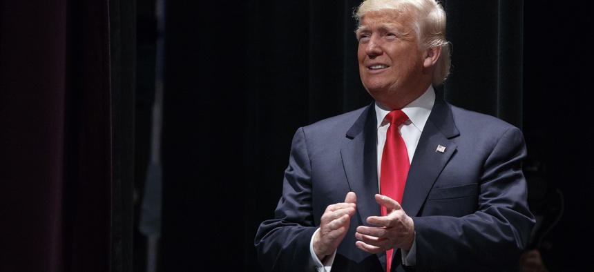 Republican presidential candidate Donald Trump arrives for a town hall on Sept. 6, 2016, in Virginia Beach, Va.