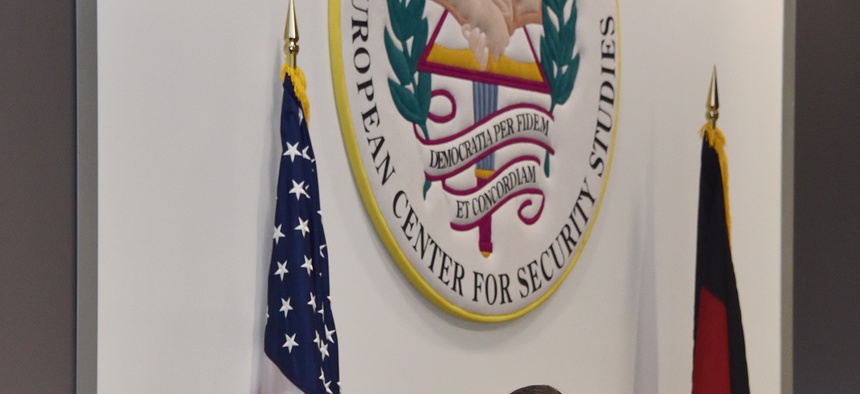 Then-U.S. Department of Homeland Security Deputy Assistant Secretary for Cybersecurity and Communications Gregory Touhill speaks at the George C. Marshall European Center, Dec. 15, 2015.