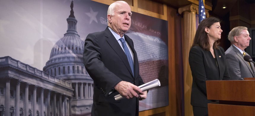 Senate Armed Services Committee Chairman Sen. John McCain, R-Ariz., speaks from Capitol Hill in Washington, Feb. 24, 2016.