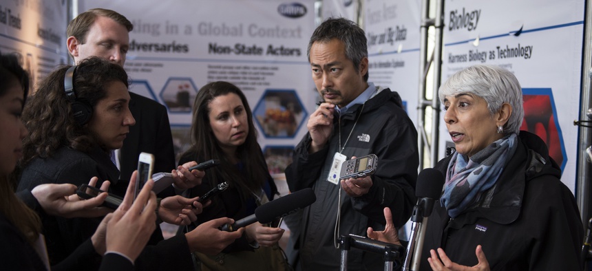 Defense Advanced Research Projects Agency Director Dr. Arati Prabhakar speaks with reporters during DARPA Demo Day 2016 at the Pentagon, May 11, 2016.