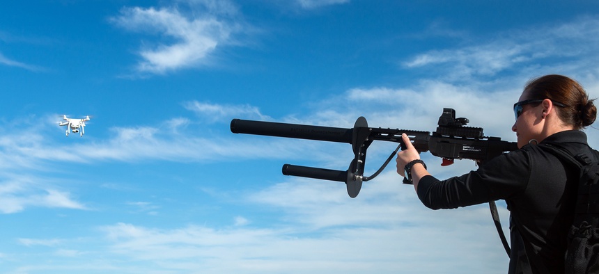 The DroneDefender from Battelle can interupt a drone's control link at 400 meters.