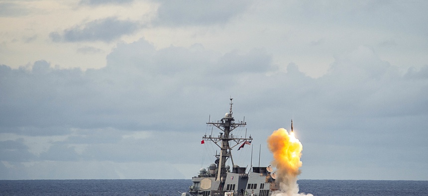 The Arleigh Burke-class guided-missile destroyer USS Benfold (DDG 65) fires a standard missile (SM 2) at a target drone as part of a surface-to-air-missile exercise (SAMEX) during Valiant Shield 2016 in the Philippine Sea, Sept 19, 2016.