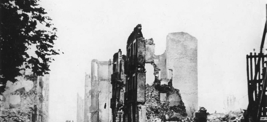 The ruins of Guernica, bombed by Nazi Germany in 1937, during the Spanish Civil War.
