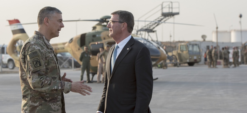 Secretary of Defense Ash Carter and U.S. Army Lt. Gen. Stephen Townsend, commander of Combined Joint Task Force-Operation Inherent Resolve, say farewell in Erbil, Iraq, Oct. 23, 2016.