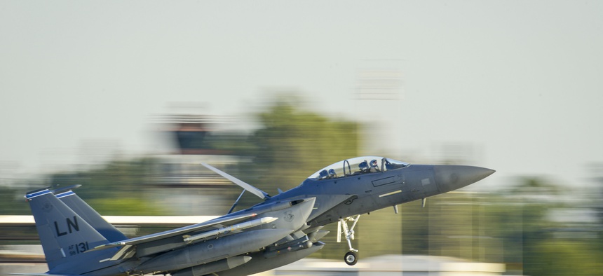 An F-15E Strike Eagle from the 48th Fighter Wing at Royal Air Force Lakenheath, England, lands at Incirlik Air Base, Turkey, Nov. 12, 2015.