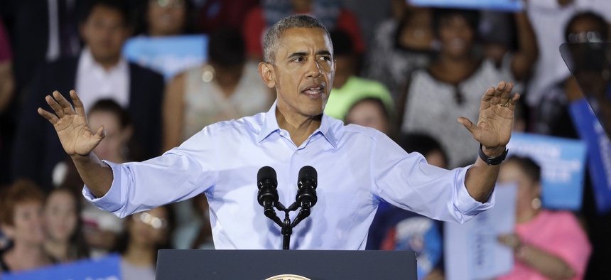 President Barack Obama speaks at a rally Sunday, Oct. 23, 2016, in North Las Vegas, Nev.