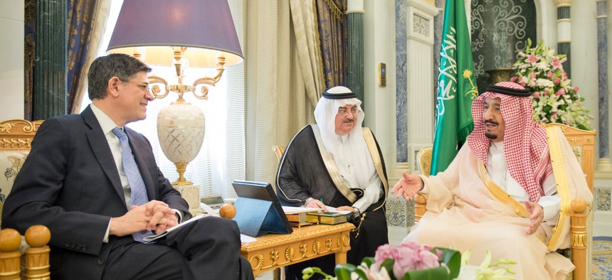 Saudi Arabian king Salman bin Abdulaziz Al Saud receives U.S. Treasury officials.