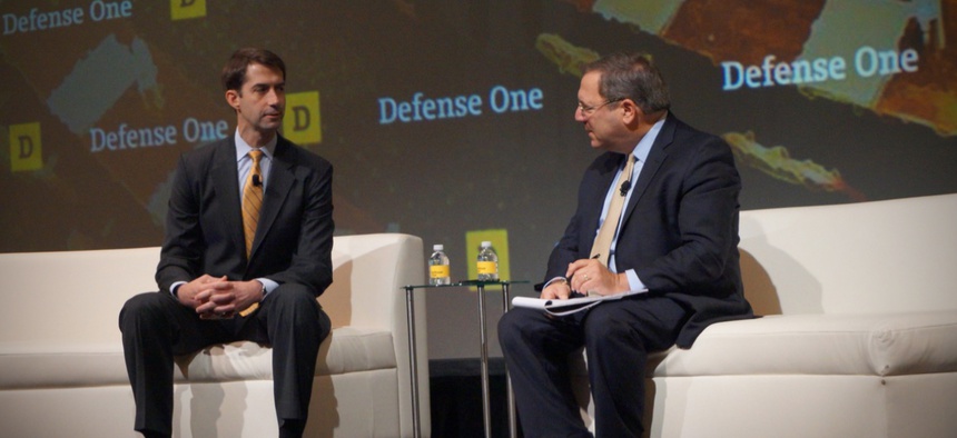 Sen. Tom Cotton, R-Arkansas, speaks with David Sanger of The New York Times at the Defense One Summit, November 17, 2016, in Washington.
