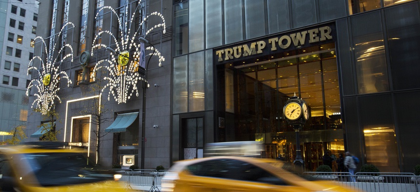 Traffic passes Trump Tower, Monday, Nov. 21, 2016, in New York.