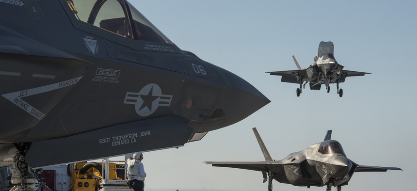 Three F-35Bs on board the USS America for testing.