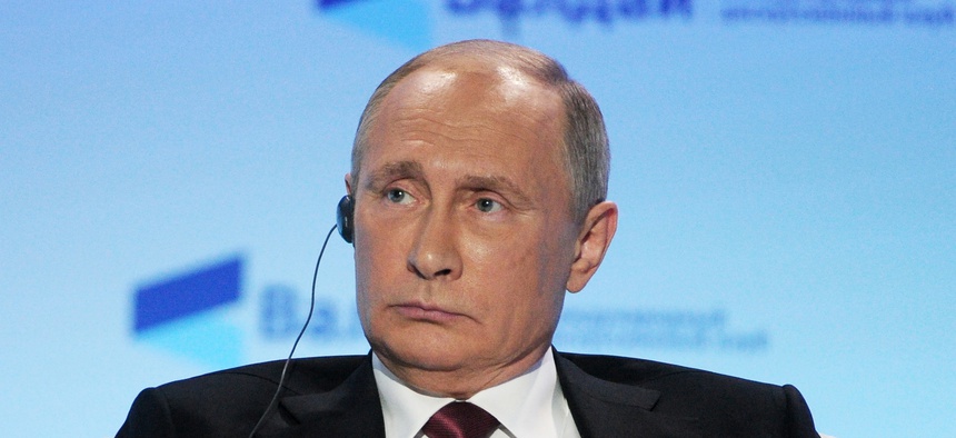 Russian President Vladimir Putin attends a meeting of the Valdai International Discussion Club in Sochi, Russia, Thursday, Oct. 27, 2016.