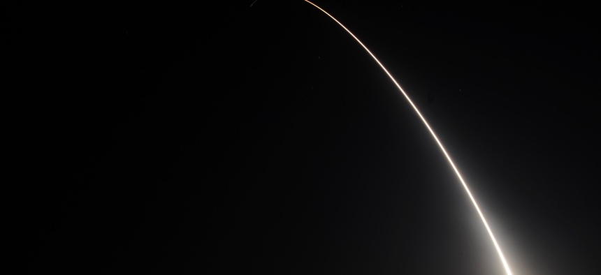 A team of Air Force Global Strike Command Airmen from the 90th Missile Wing at F.E. Warren Air Force Base, Wyo., launched an unarmed Minuteman III intercontinental ballistic missile equipped with a test re-entry vehicle from Vandenberg Air Force Base, CA.