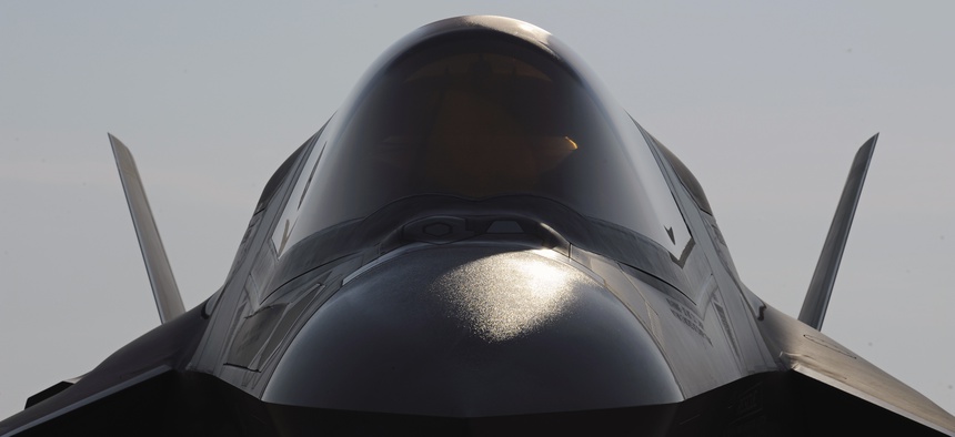 A Marine Corp F-35B Joint Strike Fighter sits near on a runway at Patuxent River Naval Air Station, Md., Friday, July 29, 2011